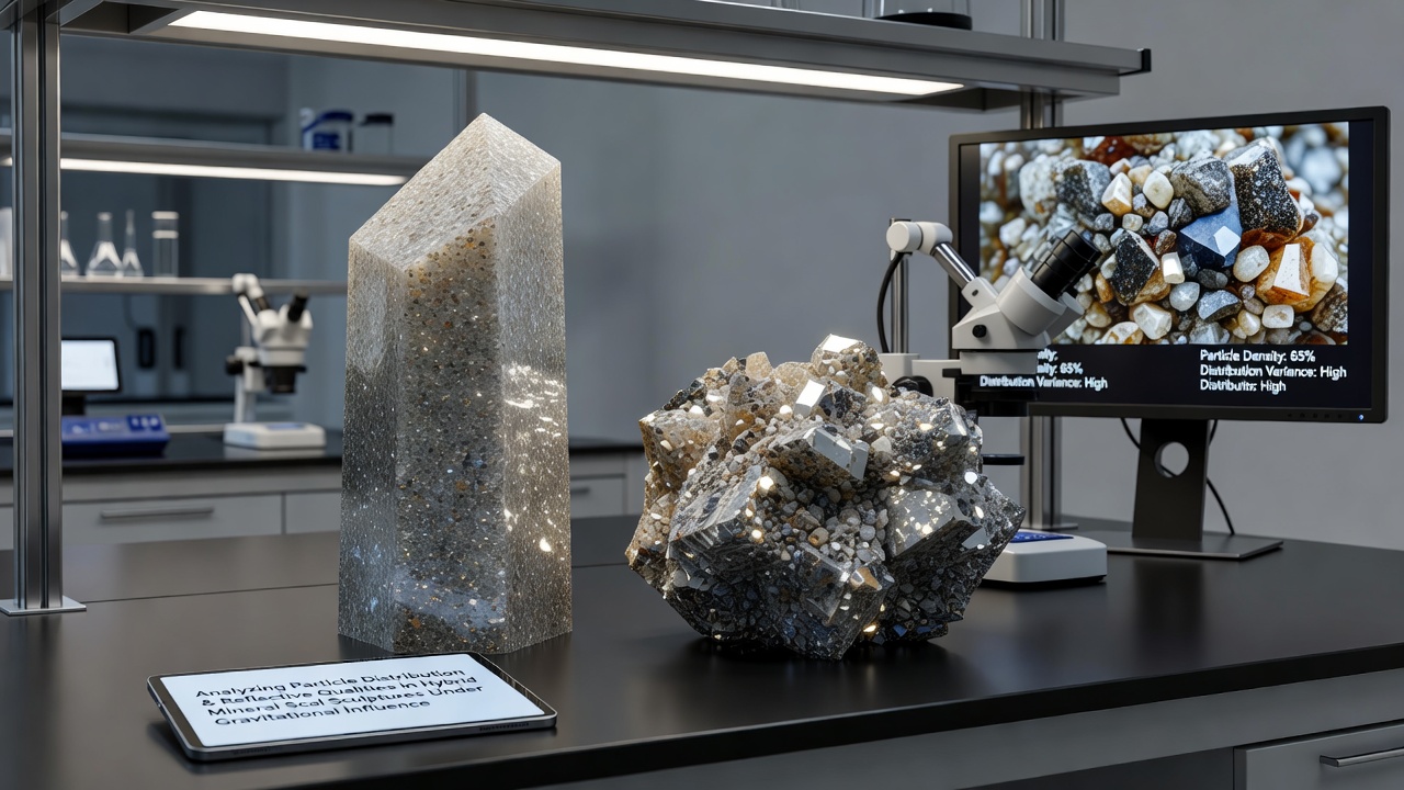 Close-up view of particle clusters in a hybrid mineral surface with light rays illustrating reflection angles