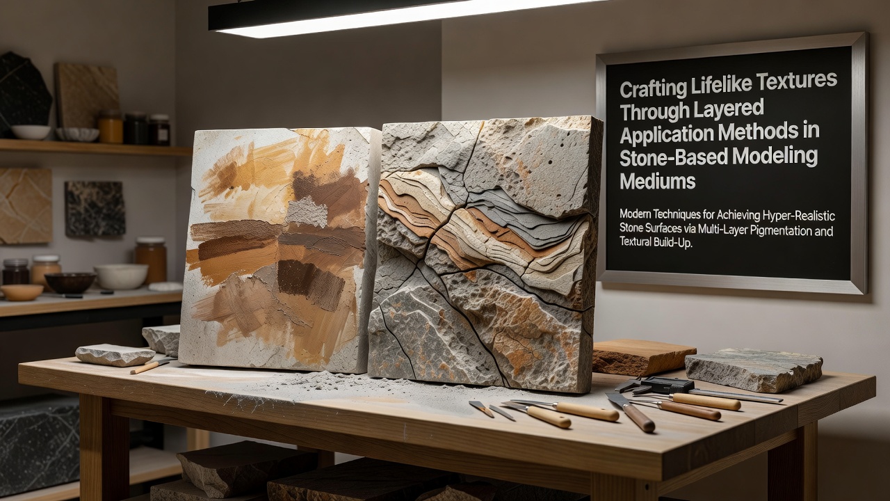 Artist applying multiple thin layers of pigmented stone medium to achieve realistic surface texture on a sculptural form