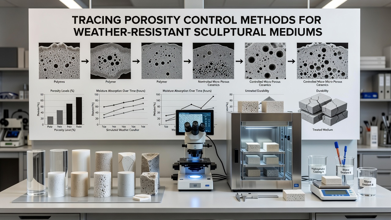 Laboratory setup demonstrating water absorption testing on treated sculptural samples to evaluate porosity reduction effectiveness